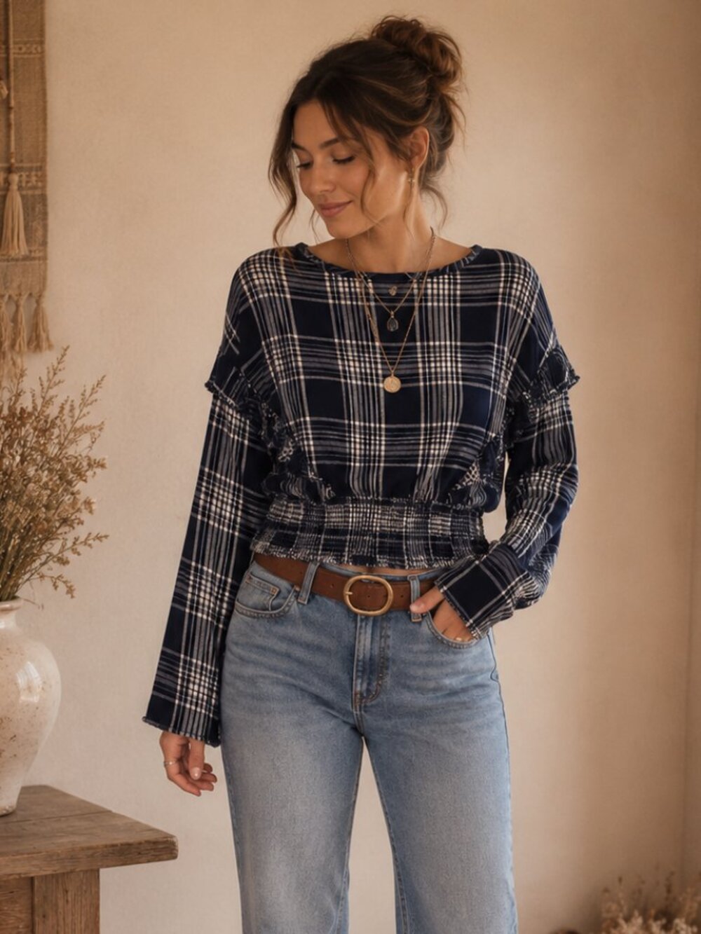 Express Plaid Ruffle Top